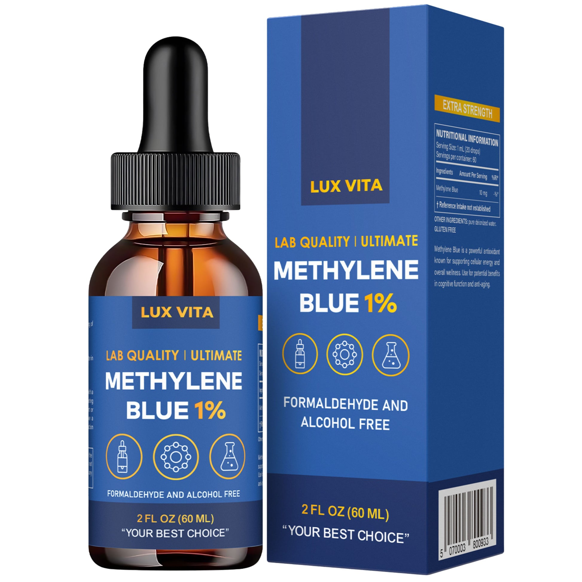 Lux Vita Methylene Blue 1% Drops — pharmaceutical-grade liquid in dark amber bottle with dropper