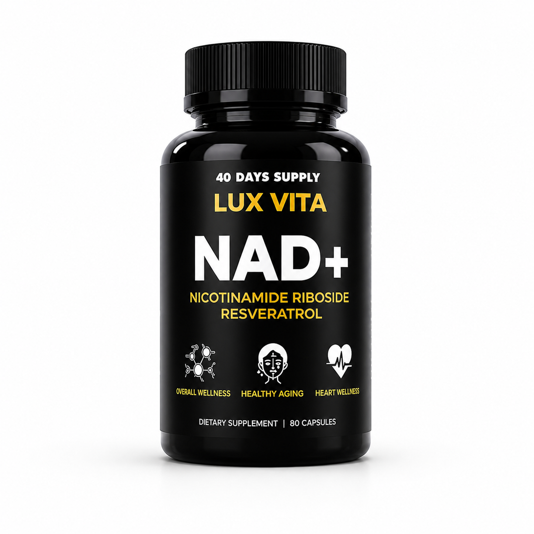 Lux Vita NAD+ supplement bottle with Nicotinamide Riboside, Quercetin and Trans-Resveratrol — three compounds, one cellular energy system