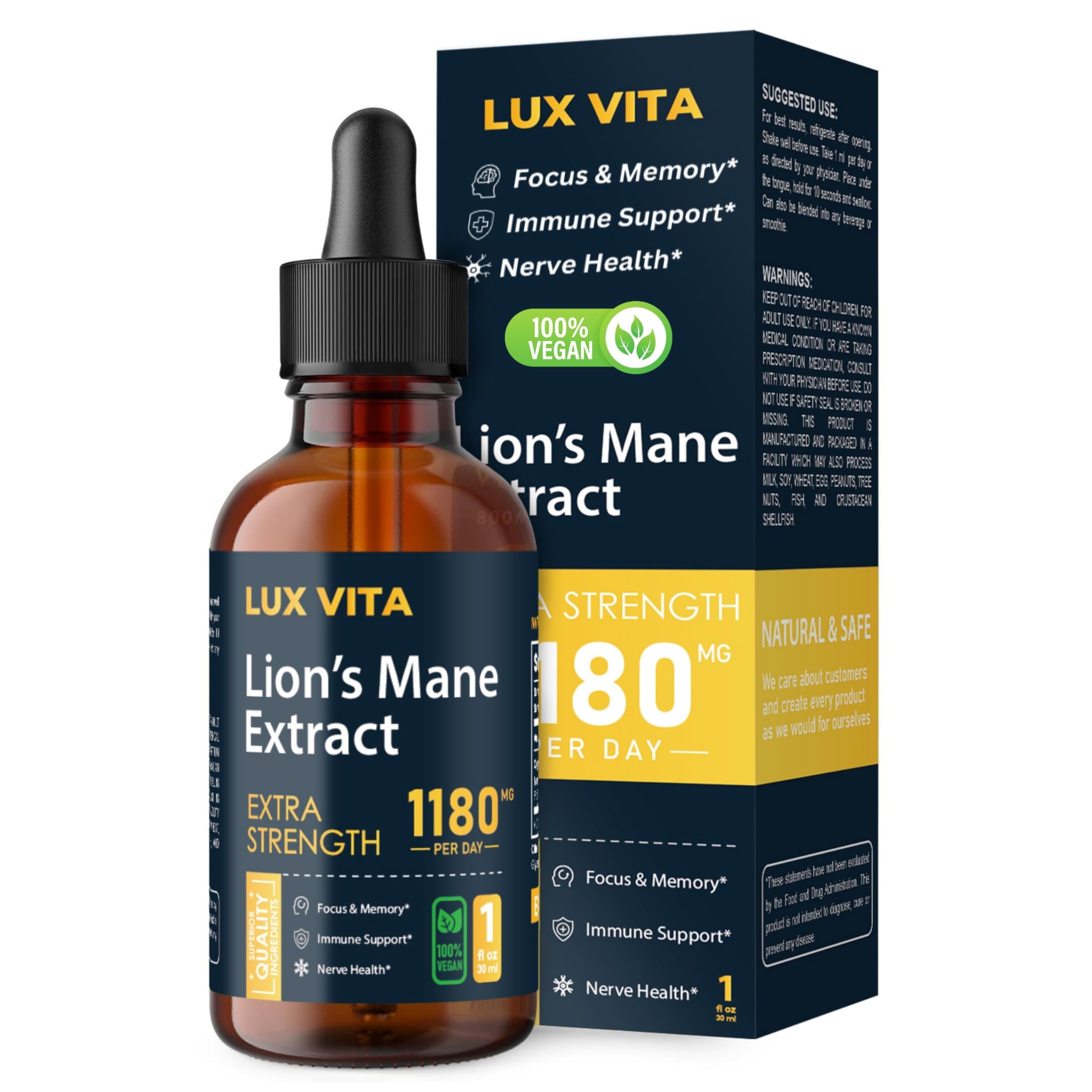 Lux Vita Lion's Mane Drops — liquid mushroom extract for daily focus and cognitive support, in dropper bottle