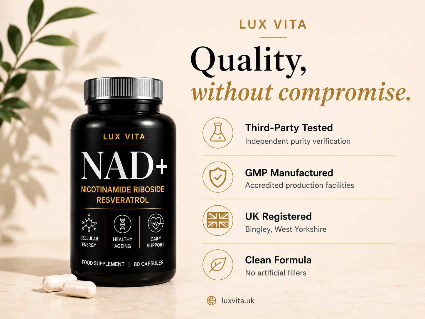 Lux Vita NAD+ quality assurances — third-party tested, GMP manufactured, UK registered in Bingley West Yorkshire, clean formula with no artificial fillers