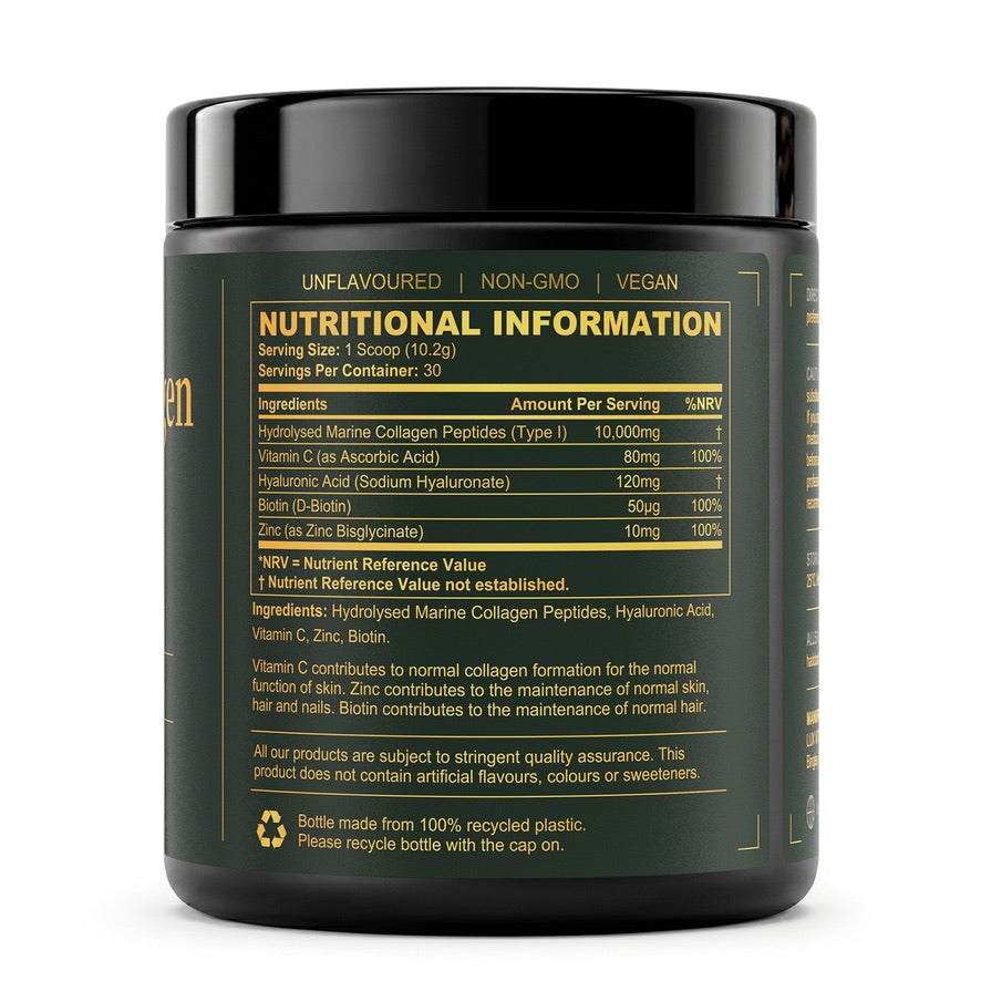 Lux Vita Marine Collagen nutritional information panel — 10g daily serving, hydrolysed marine collagen peptides, vitamin C, hyaluronic acid, biotin and zinc