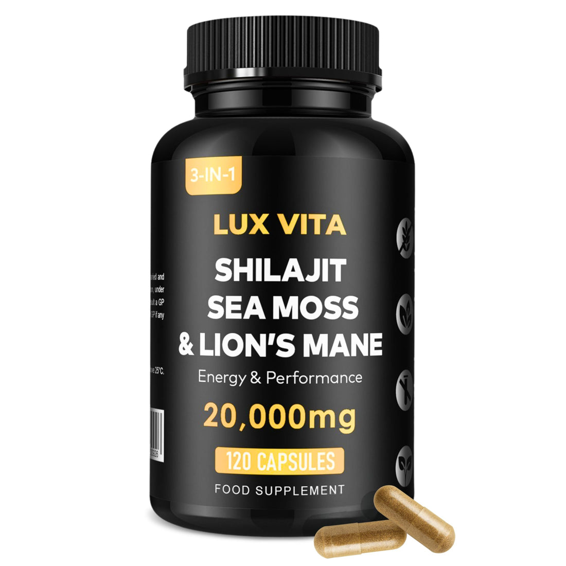 Lux Vita Shilajit, Sea Moss & Lion's Mane — clean studio product shot on white.