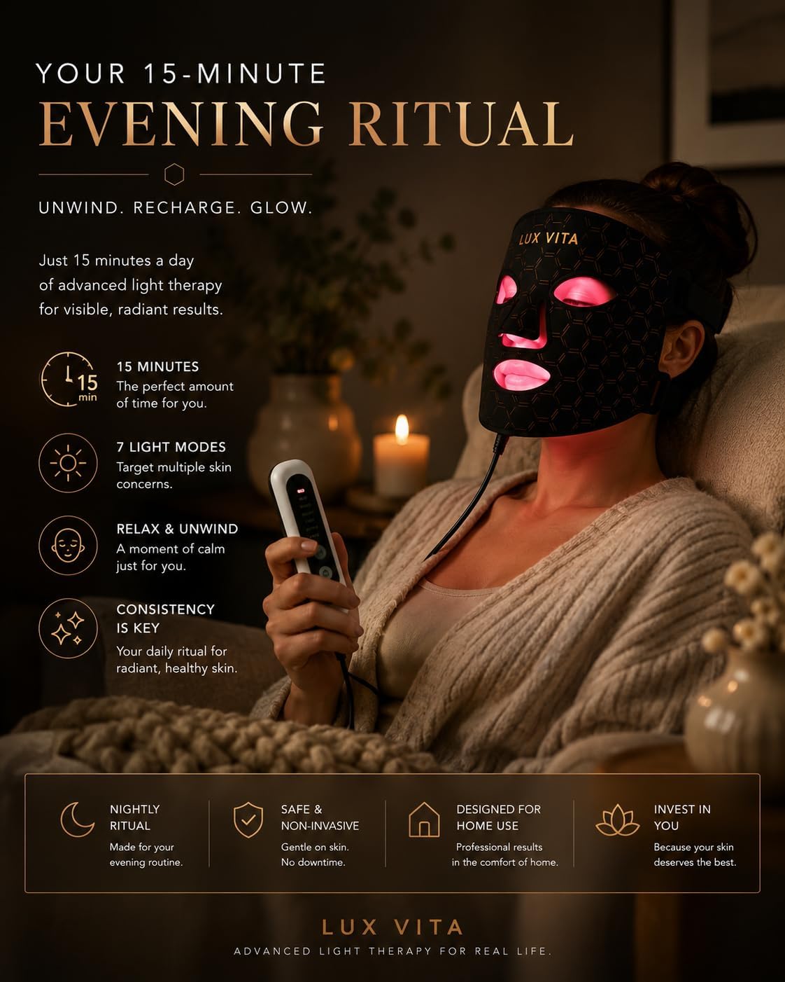 Lux Vita Red Light Therapy Mask — what's in the box and evening ritual