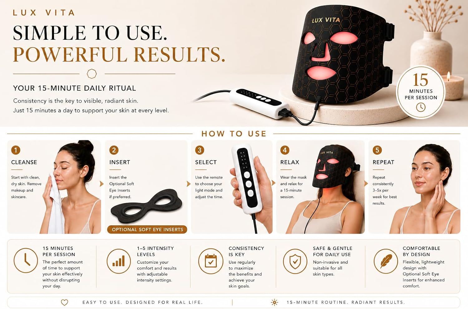 Lux Vita Red Light Therapy Mask — 633nm red light and 830nm near-infrared LED therapy