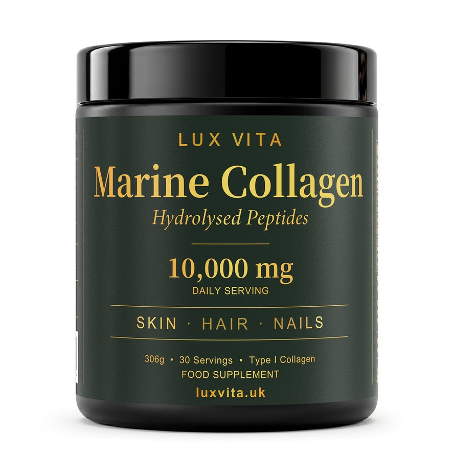 Lux Vita Marine Collagen — hydrolysed peptides, 10,000mg daily serving, for skin, hair and nails, in dark amber jar with gold lettering