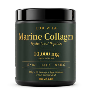 Lux Vita Marine Collagen — hydrolysed peptides, 10,000mg daily serving, for skin, hair and nails, in dark amber jar with gold lettering