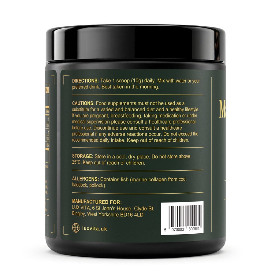 Lux Vita Marine Collagen back label — directions, allergen warning (contains fish: cod, haddock, pollock), storage and manufacturer details