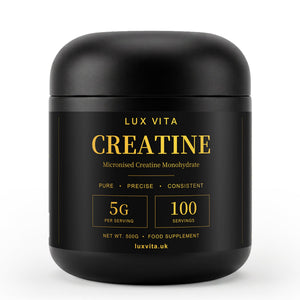 Lux Vita Creatine Monohydrate — 500g tub, 100 × 5g servings, front label