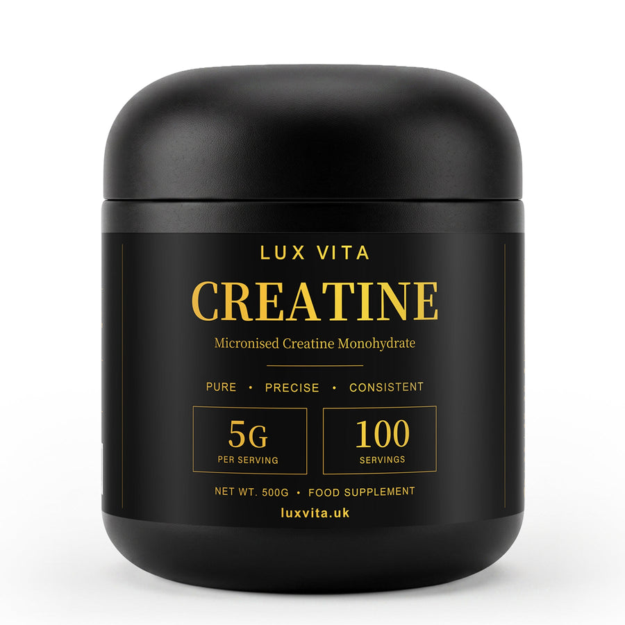 Lux Vita Creatine Monohydrate — 500g tub, 100 × 5g servings, front label