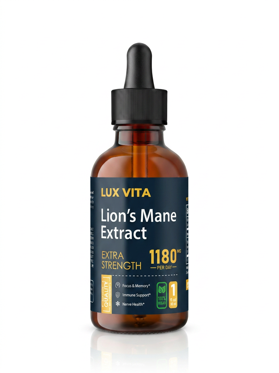 Lux Vita Lion's Mane Drops — clean studio product shot on white.