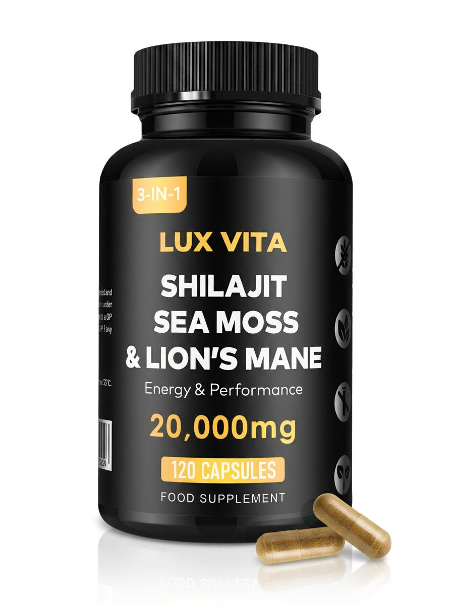 Lux Vita Shilajit, Sea Moss & Lion's Mane — clean studio product shot on white.