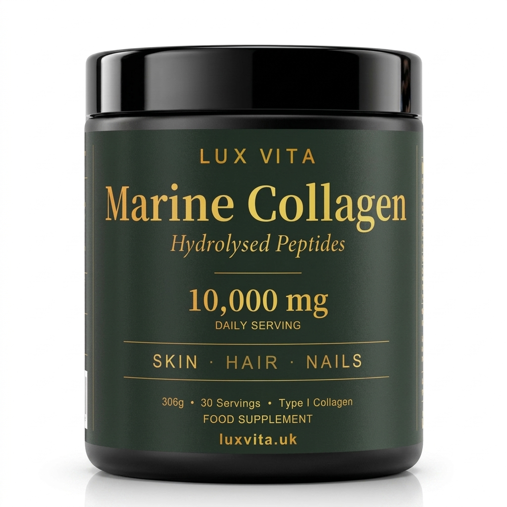 Lux Vita Marine Collagen — dark green tub on white.