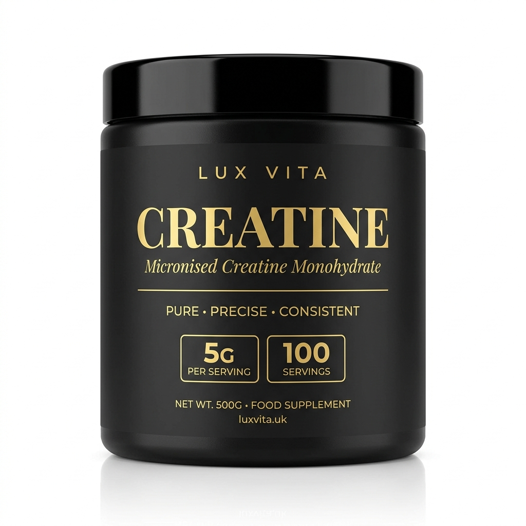 Lux Vita Creatine Monohydrate — black tub on white.