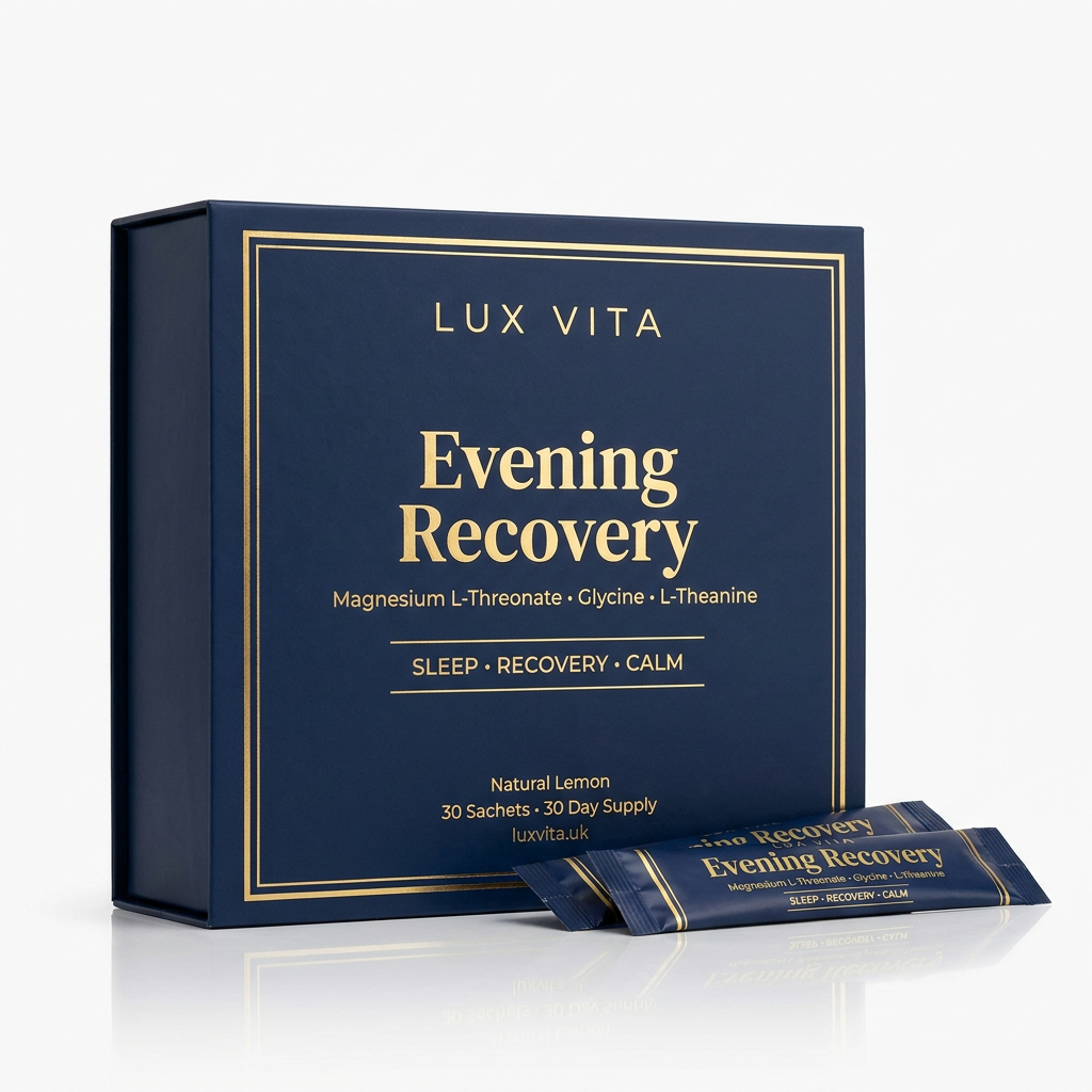 Lux Vita Evening Recovery — navy box and sachets on white.