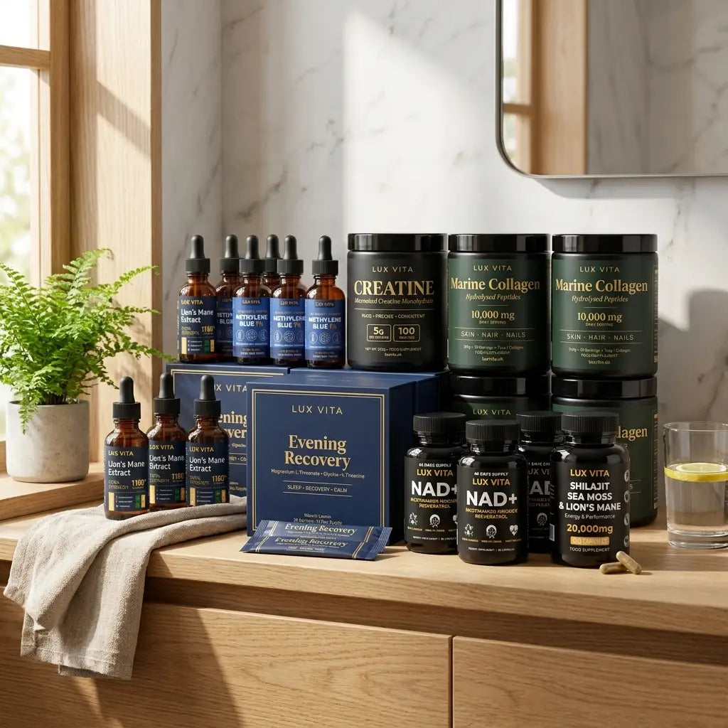 Lux Vita Full Protocol Stack — lifestyle: Lion's Mane Drops, Methylene Blue, Creatine, Marine Collagen, Evening Recovery, NAD+ and Shilajit.