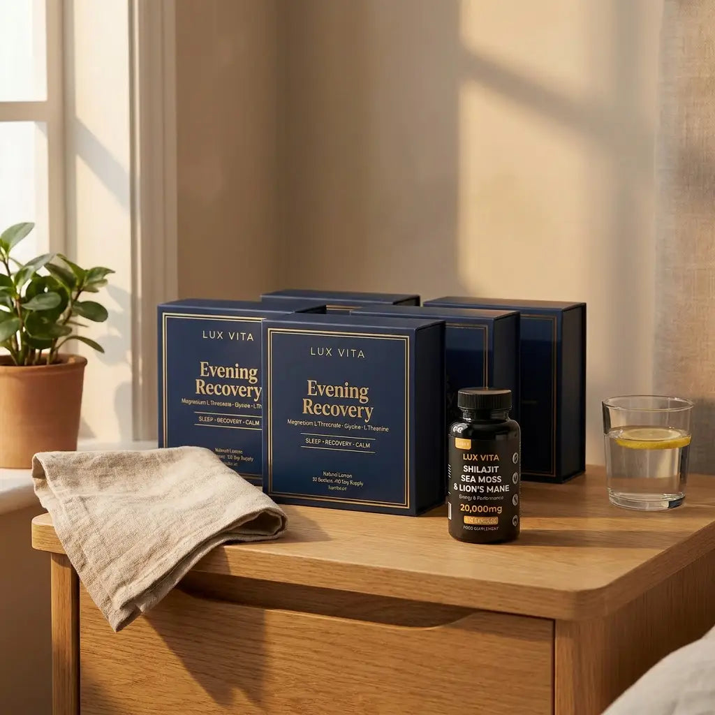 Lux Vita Evening Recovery Stack — lifestyle: 4 Evening Recovery drinks and Shilajit.