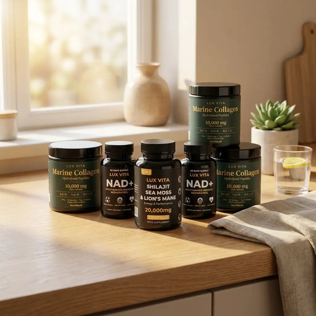 Lux Vita Longevity Stack — lifestyle: Shilajit, 3 NAD+ and 4 Marine Collagen.