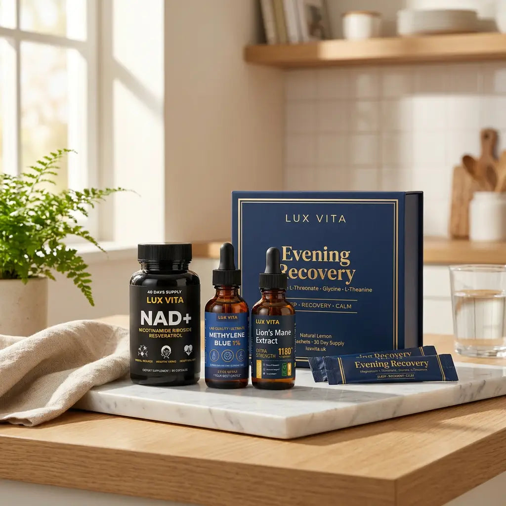 Lux Vita Cognitive Stack — lifestyle: NAD+, Methylene Blue, Lion's Mane Drops and Evening Recovery.