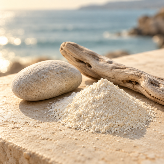 Marine collagen powder with a sea-washed pebble