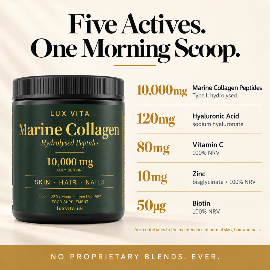 Five actives in one morning scoop — Lux Vita Marine Collagen formula