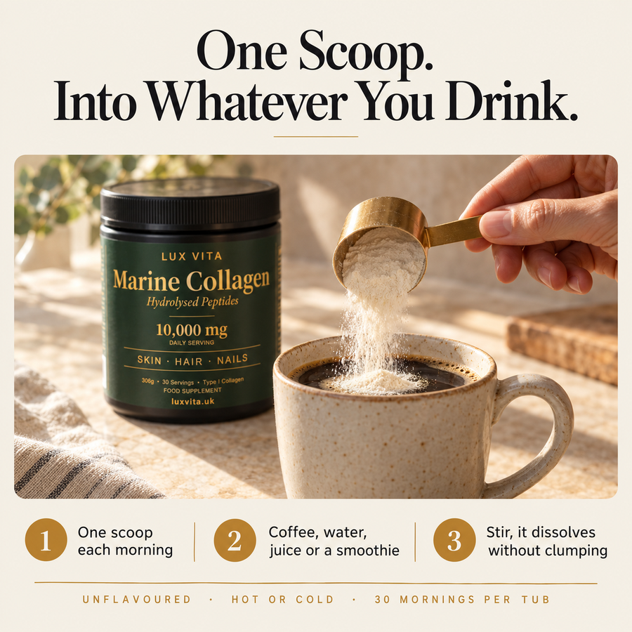 One scoop of Lux Vita Marine Collagen into your morning coffee