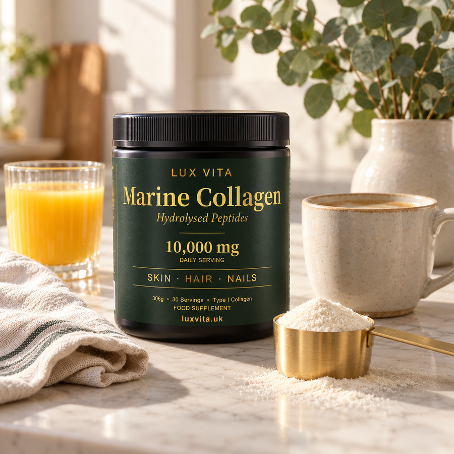 Lux Vita Marine Collagen on a kitchen counter with coffee and orange juice