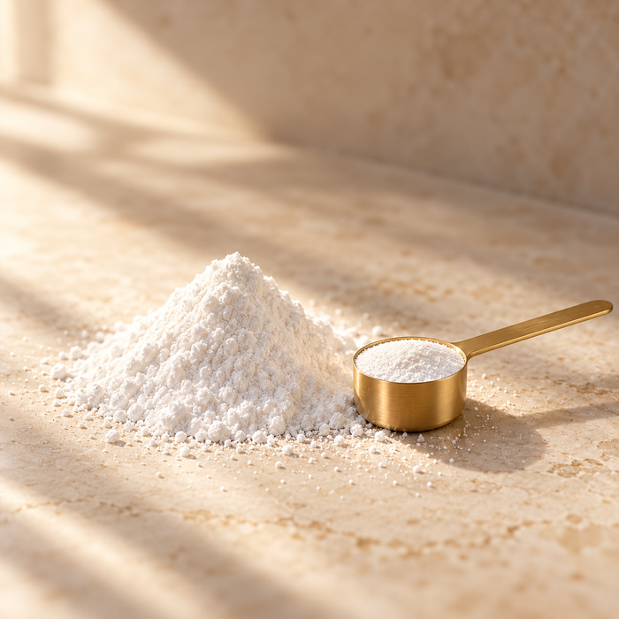 Fine white creatine monohydrate powder with a gold scoop