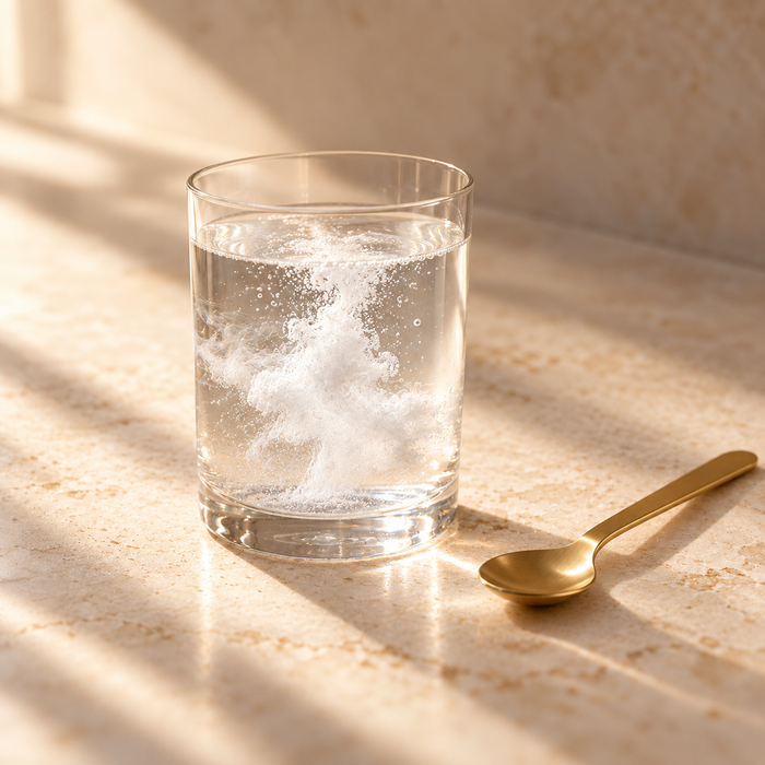 Micronised creatine dissolving in a glass of water