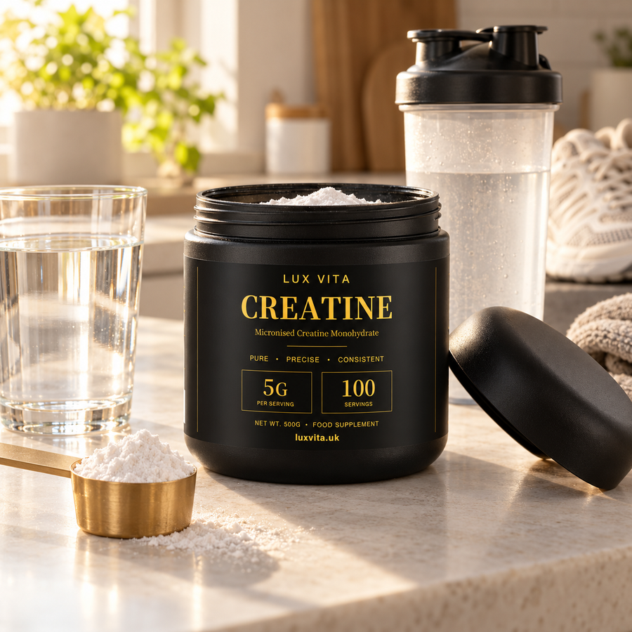 Lux Vita Creatine on a kitchen counter with a shaker and water